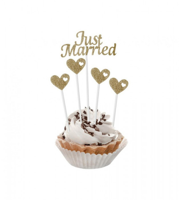 Set 5 toppere decorative pentru tort sau prajituri model Just Married cu sclipici auriu