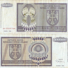 1993, 100.000 dinara (P-R9a) - Croația (Republica Sârbă Krajina)
