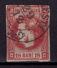 RO 1868 ,LP 24 ,&quot;Carol I cu favoriti&quot;, 18 BANI rosu ,stampilat