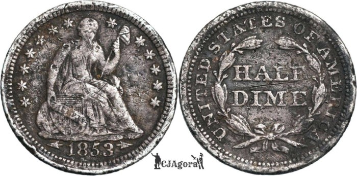 1853, &frac12; dime ( Seated Liberty Half Dime - arrows at date ) SUA
