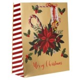 Pungă cadou de Crăciun aurie cu motive festive, 26x10x32 cm, CMCLASS