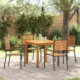 Set masa gradina vidaXL, 5 piese, negru, rattan poli, masa dreptunghiulara acacia, 4 scaune stivuibile, exterior/interior, 85x85x74 cm