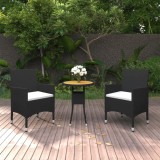 vidaXL Set bistro de grădină, 3 piese, negru, poliratan și lemn masiv