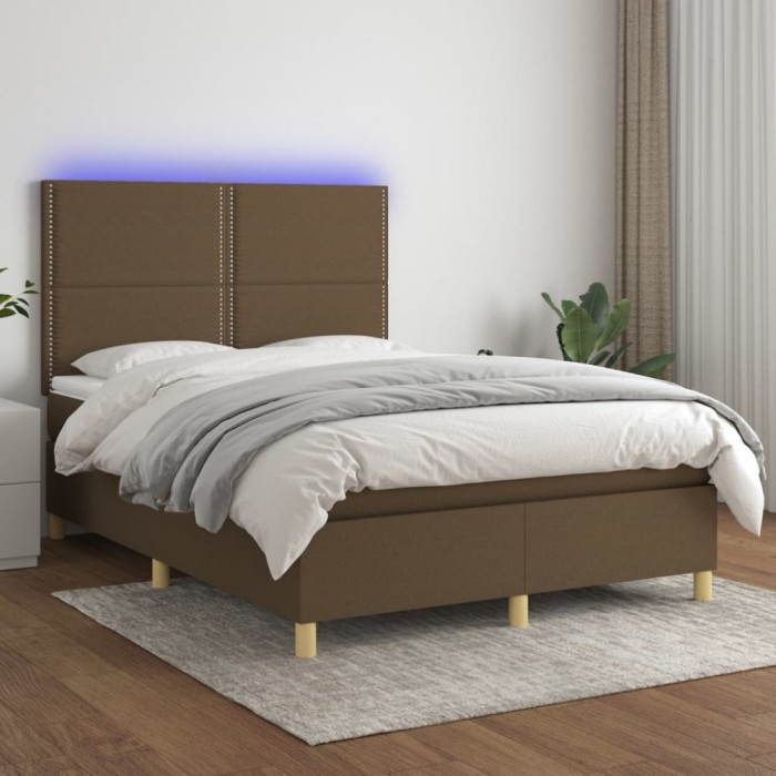 vidaXL Pat cu arcuri, saltea și LED, maro &icirc;nchis, 140x200 cm, textil 3135360