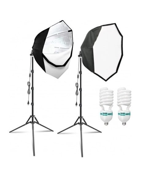 Kit de 2 softboxuri octagonale, 2 trepiezi reglabili 200 cm, 2 becuri 150W