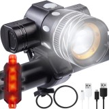 Set Lumini Bicicleta Fata/Spate, 3 Moduri de Iluminare LED, Maner Rotativ 360&deg;, Zoom, Rezistent la Apa IPX6, Far si Stop, Acumulator Reincarcabil, Ins