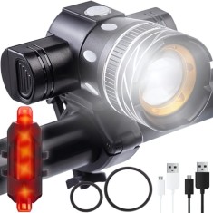 Set Lumini Bicicleta Fata/Spate, 3 Moduri de Iluminare LED, Maner Rotativ 360&deg;, Zoom, Rezistent la Apa IPX6, Far si Stop, Acumulator Reincarcabil, Ins