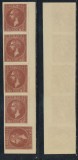 ROMANIA 1872 Emisunea Paris reprint din 1904 frantuzesc 10 bani maroniu in streif rar de 5 cu un timbru intors la 90 grade, Istorie, Nestampilat
