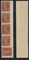 ROMANIA 1872 Emisunea Paris reprint din 1904 frantuzesc 10 bani maroniu in streif rar de 5 cu un timbru intors la 90 grade