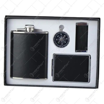 Set cadou pentru barbati, 4 piese &amp;ndash; Plosca, tabachiera, bricheta, busola foto