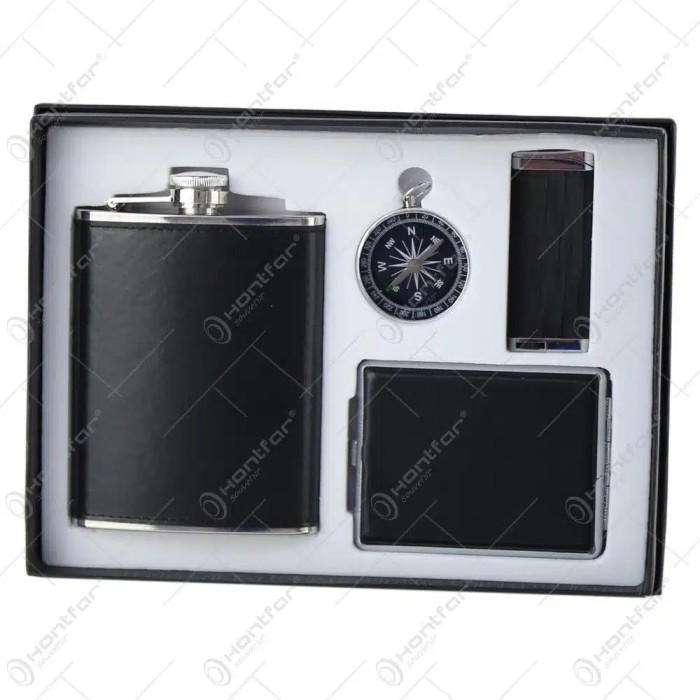 Set cadou pentru barbati, 4 piese &ndash; Plosca, tabachiera, bricheta, busola