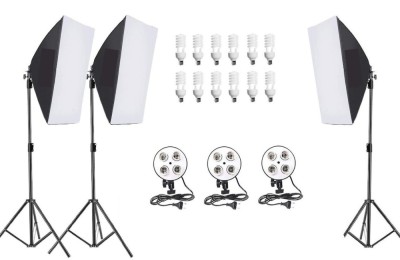 Kit de 3 softboxuri, soclu de 4 becuri, 3 trepiezi reglabili 200 cm, 12 becuri de 45W foto