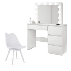 Set masa de toaleta/machiaj Irina + scaun Mark, alb, cu oglinda si LED-uri, 94x43x141 cm