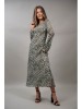 Rochie Lunga Animal Print Vivace Neally Verde, Maro, Albastru, Maneci Lungi, S, M, 100% Poliester, Design Italian Elegant