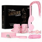 Set 7 accesorii BDSM B-SERIES Hidden Desire Chest, cu cătușe, zgardă, căluș, fr&acirc;nghie, bici și mască de ochi, culoare roz
