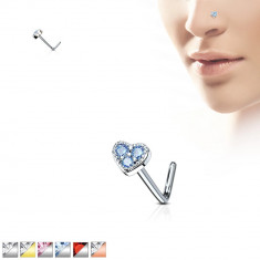 Piercing curbat din otel pentru nas - inima decorata cu zirconii, diverse culori - Culoare zirconiu piercing: Argintiu - roz foto