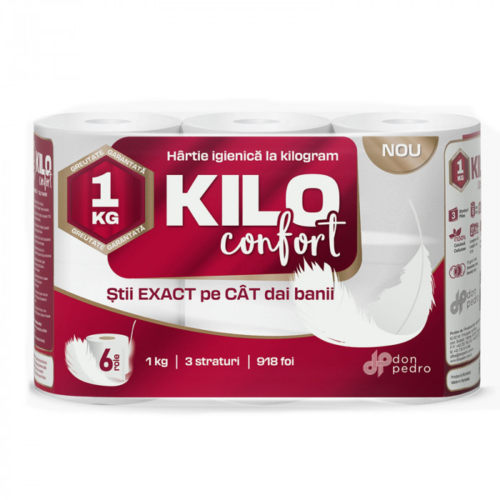 Hartie igienica Kilo Confort, 1 kg, 6 role, 3 straturi, 918 foi