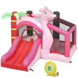 AIYAPLAY Castel Gonflabil pentru Copii 4 &icirc;n 1, Tobogan, Trambulină, Piscină cu Bile, Coș de Baschet, Mingi de Baschet, Tematică Flamingo, Ventilator,