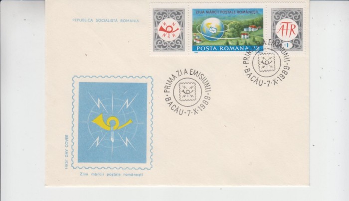C12 - FDC Romania - Ziua marcii postale romanesti - cu 2 viniete - LP1225a 1989