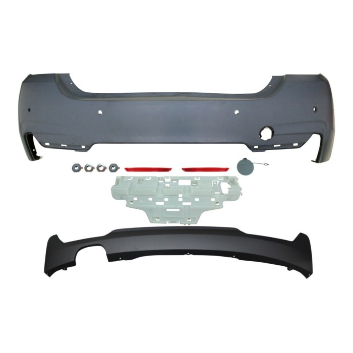 Set bara spate BMW Seria 4 GC (F36), 12.2013-, cu catadioptri, cu gauri senzori parcare; grunduit, de vopsit; type M-Tech; cu spoiler; cu iesiri evac