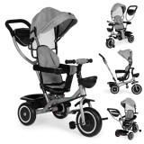 Triciclu Homelux 2in1 Gri cu Scaun Pivotant 360, Parasolar Pliabil, Roti EVA - Copii 6 luni - 6 ani
