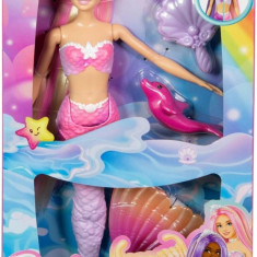 Barbie Mermaid Papusa, "Malibu" cu parul roz, accesorii de styling, Pet Dolphin