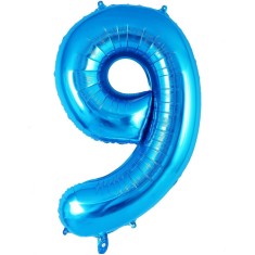 Balon din Folie Metalizata, Figurina Cifra, Tema Aniversare 40 cm, Ambalaj Individual, Pai inclus, Umflare cu Aer sau Heliu, Albastru, Cifra 9 foto