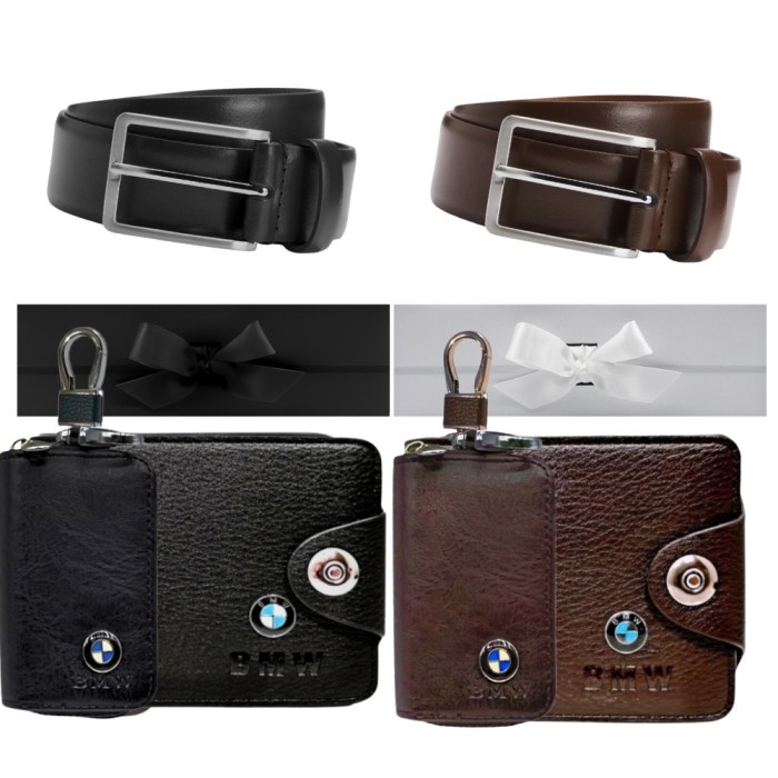 Set curea piele, portofel si husa chei cu sigla BMW, negru/maro