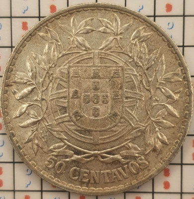 Portugalia 50 centavos 1916 - argint - km 561 - A004 foto