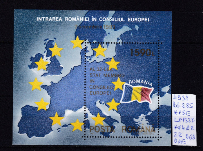 1993 Intrarea Rom&acirc;niei in Consiliul Europei Bl.285 LP1327 MNH Pret 1,9+1 Lei