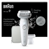 Epilator Braun Silk-&eacute;pil 9 9-041 Wet &amp;amp; Dry, MicroGrip, Smart Light, 2 viteze, 40 pensete, Cap de ras + Pieptene, 1 capac, Geanta de voiaj, Alb/Arg