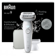 Epilator Braun Silk-épil 9 9-041 Wet &amp; Dry, MicroGrip, Smart Light, 2 viteze, 40 pensete, Cap de ras + Pieptene, 1 capac, Geanta de voiaj, Alb/Arg