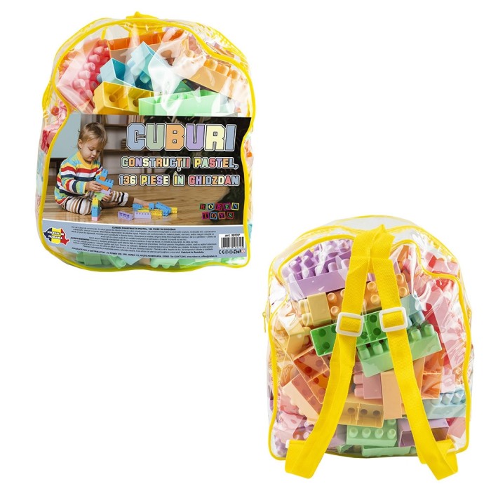 Cuburi constructii, pastel, 136 piese/ghiozdan &ndash; ROBENTOYS