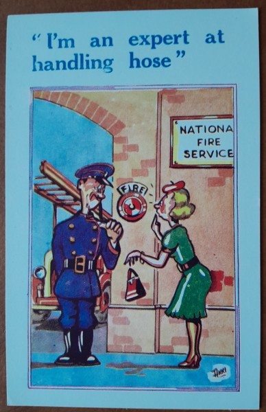 Carte postala, necirculata, desen pompier si femeie, perioada interbelica