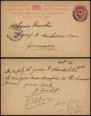 Great Britain 1903 Postcard Postal stationery Blackpool to Adorf Germany D.982 foto