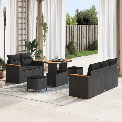 Set canapea de gradina Gossi cu perne negru poliratan acacia, set de dining de gradina Gossi cu perne negru poliratan acacia foto
