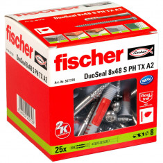 Set 25 buc diblu cu surub A2 etansant, fischer DuoSeal 8 x 48 S PH TX