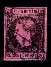 ✅RO 1866 ,LP 20 a ,&quot;Carol I cu favoriti&quot;, 20 par TIP I , hartie roz - groasa , stampilat , mic defect stanga-sus
