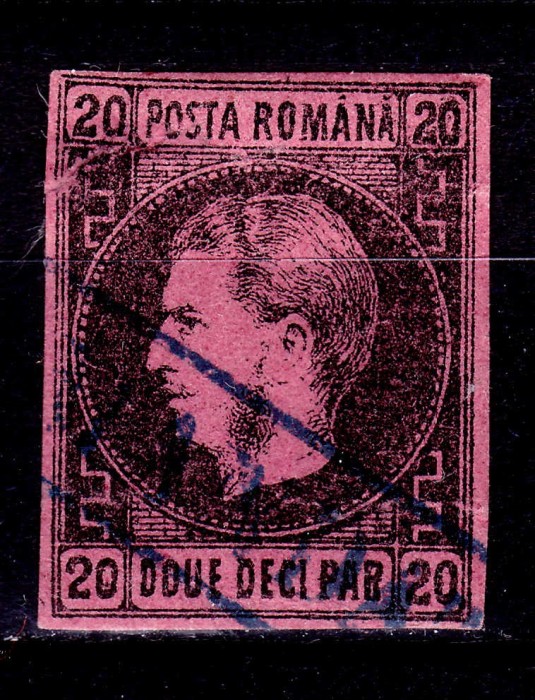 ✅RO 1866 ,LP 20 a ,&quot;Carol I cu favoriti&quot;, 20 par TIP I , hartie roz - groasa , stampilat , mic defect stanga-sus