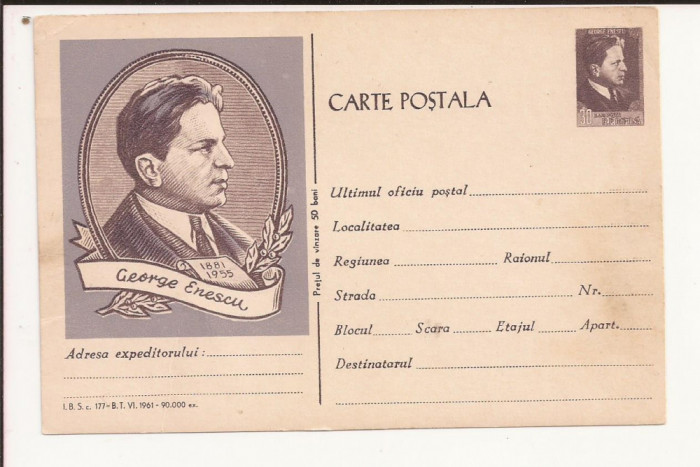Carte Postala - George Enescu , necirculata 1961