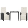Set bistro cu perne, 3 piese, negru, poliratan