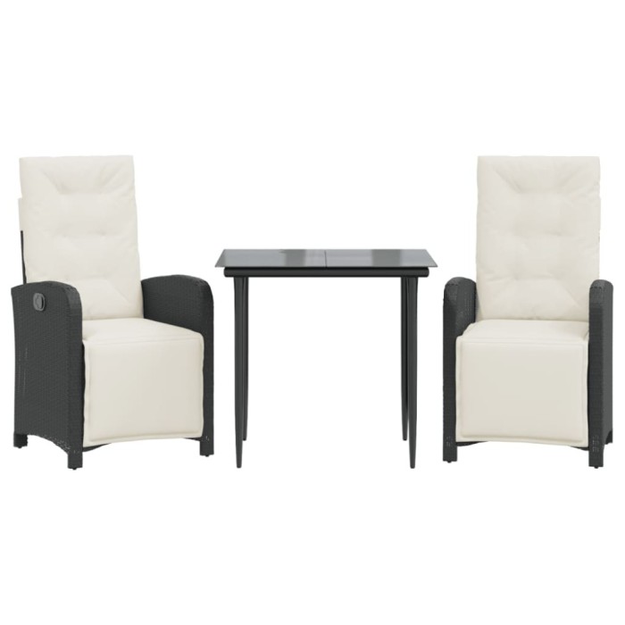 Set bistro cu perne, 3 piese, negru, poliratan