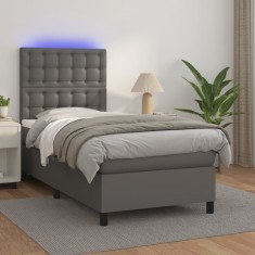 vidaXL Pat cu arcuri, saltea și LED, gri, 90x190 cm, piele ecologică 3135919