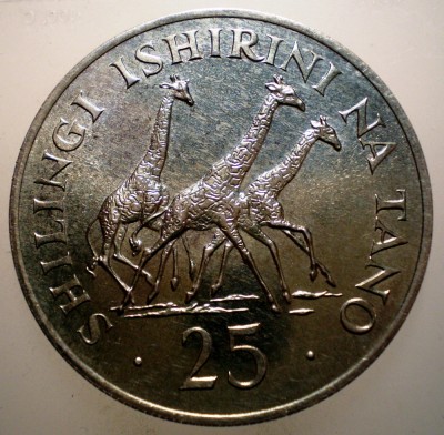 C.326 TANZANIA CONSERVATION GIRAFE 25 SHILINGI 1974 XF/AUNC ARGINT 25,5g 8848ex. foto
