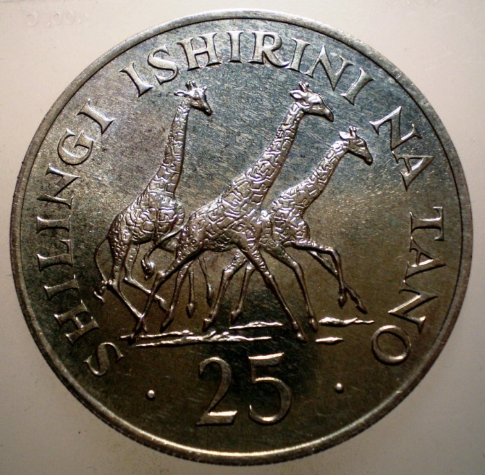 C.326 TANZANIA CONSERVATION GIRAFE 25 SHILINGI 1974 XF/AUNC ARGINT 25,5g 8848ex.