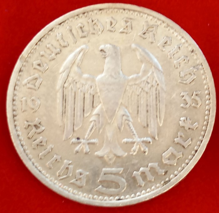 (A853) MONEDA DIN ARGINT GERMANIA - 5 MARK 1935, LIT. D, PAUL VON HINDENBURG