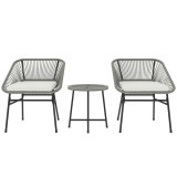 Outsunny Set de mobilier de exterior cu 3 piese, 1 masă, 2 scaune, &Icirc;mpletitură de ratan, Cadru din oțel, Masă de cafea cu blat de sticlă, Gri &icirc;nchis |