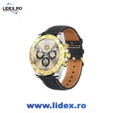 Smartwatch CharmPiele Gold IdealStore, Cadran din otel inoxidabil, Ecran tactil de 1.3 inch rezistent la apa, Monitorizare Ritm cardiac, Calorii, Somn