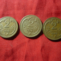 3 Monede 2 halleri Austria 1907, '10, '12 , bronz , cal. F.Buna