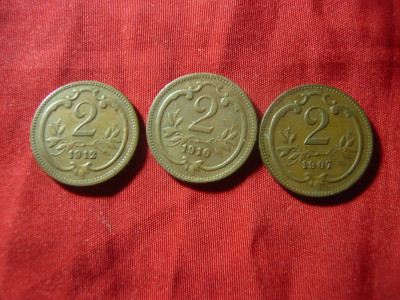 3 Monede 2 halleri Austria 1907, &amp;#039;10, &amp;#039;12 , bronz , cal. F.Buna foto